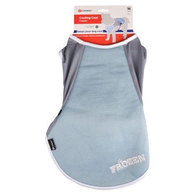 Manteau rafraîchissant Flamingo Frozen, tissu mesh bleu et gris, étiquette visible avec texte anglais « Cooling Coat Frozen » et « Keeps your dog cool »